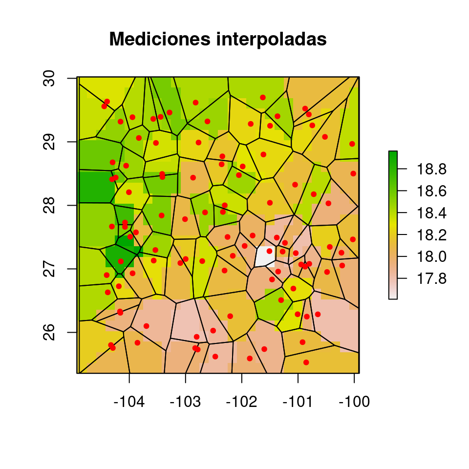 Resultado de la interpolación por vecino más cercano. En este procedimiento asignamos a todos los píxeles que quedan dentro de cada polígono el mismo valor.