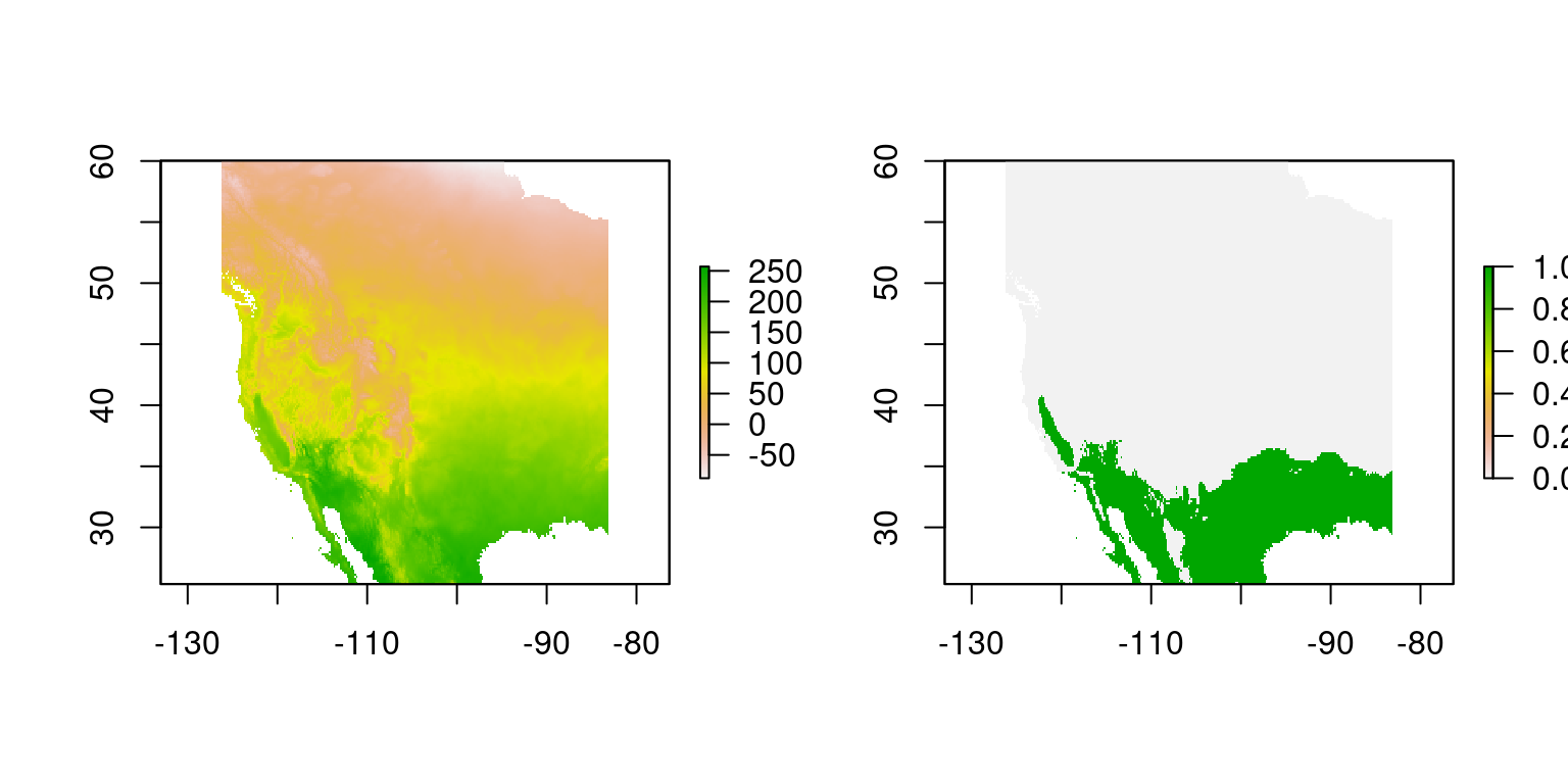 Ejemplo de criterio de temperatura > 15 °C (derecha) a una capa de temperatura anual promedio para norte américa (izquierda). En verde se muestran todas las zons que cumplen con el criterio aplicado, y en gris las zonas que no lo cumplen.