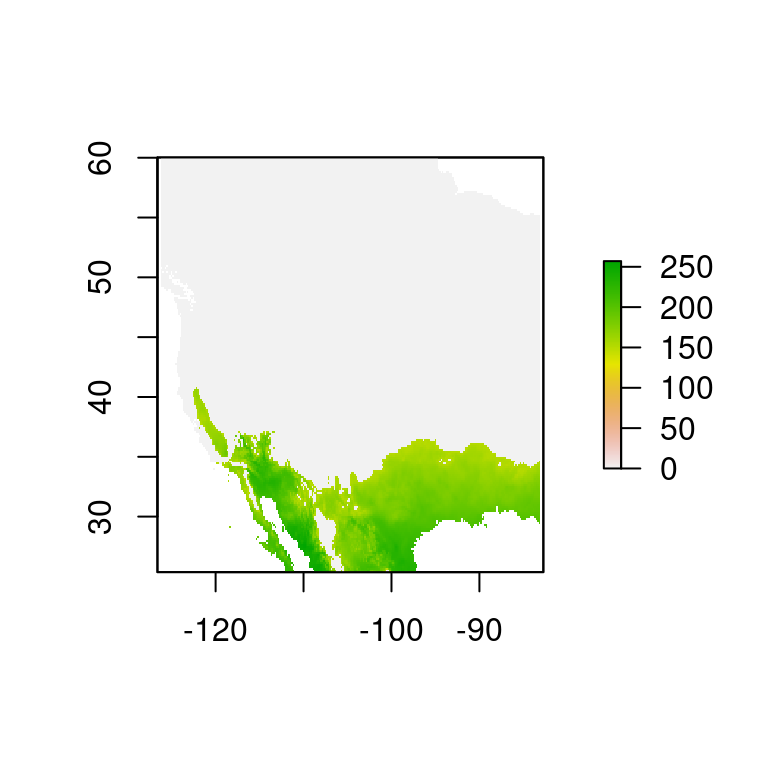 Producto de rasters muestra la temperatura de las regiones únicamente con temperatura promedio mayor a 15 °C.