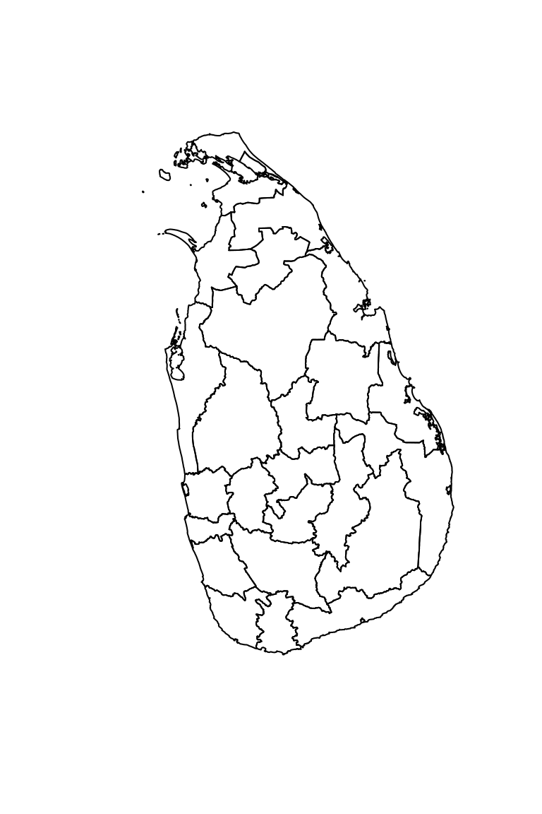 Polígono vectorial muestra la isla de Sri Lanka y su división política en distritos.