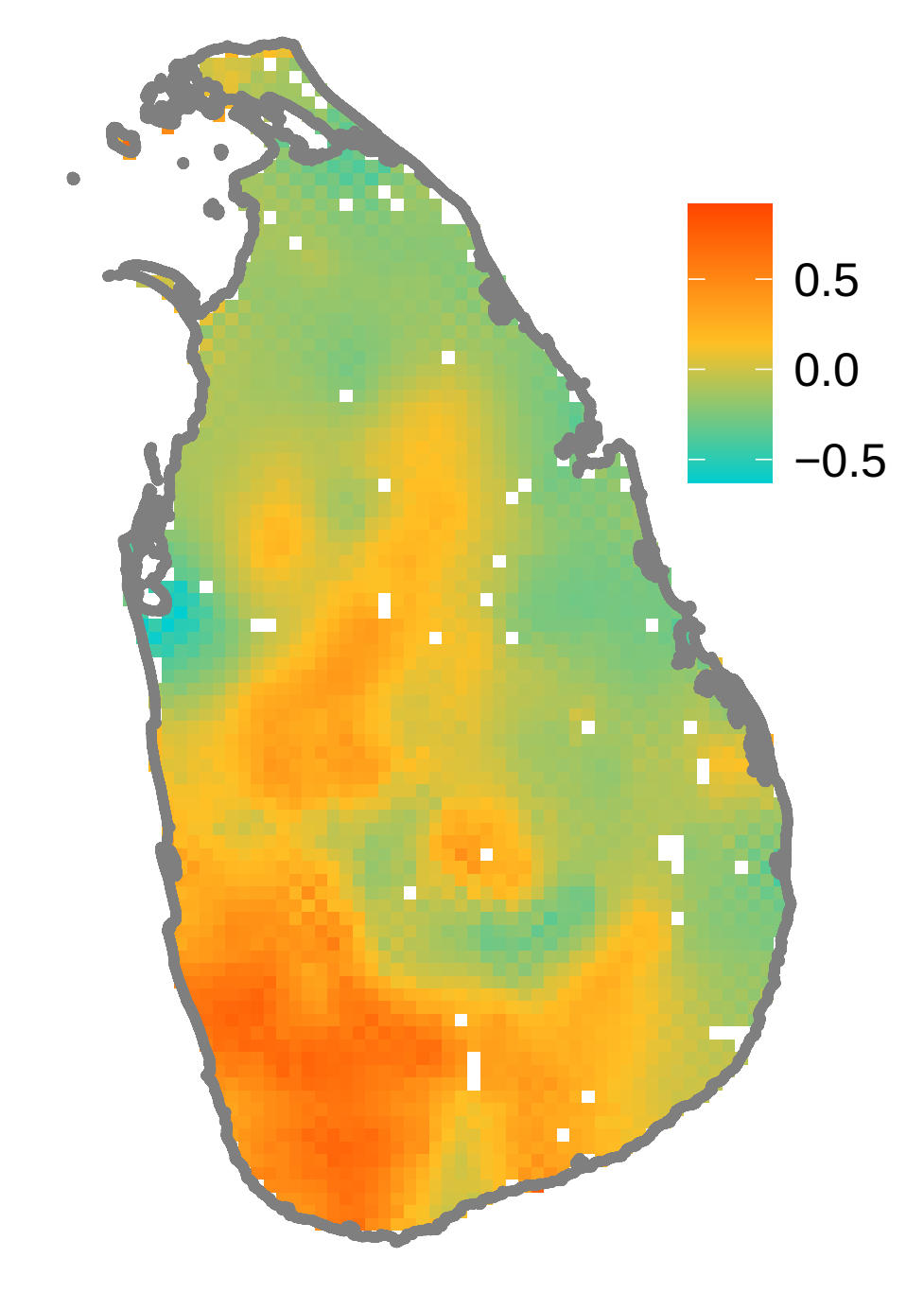 Ejemplo de capa ráster de algún atributo ambiental de la isla de Sri Lanka. Cada píxel mide 5 x 5 km.