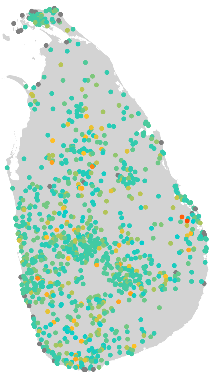 Puntos muestran el valor de una medición de alguna variable ambiental en la isla de Sri Lanka.