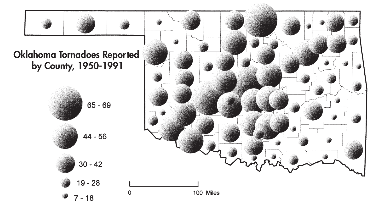 Mapa temático del número de tornados reportados por condado en Oklahoma, EU (Dent et al. 2009).