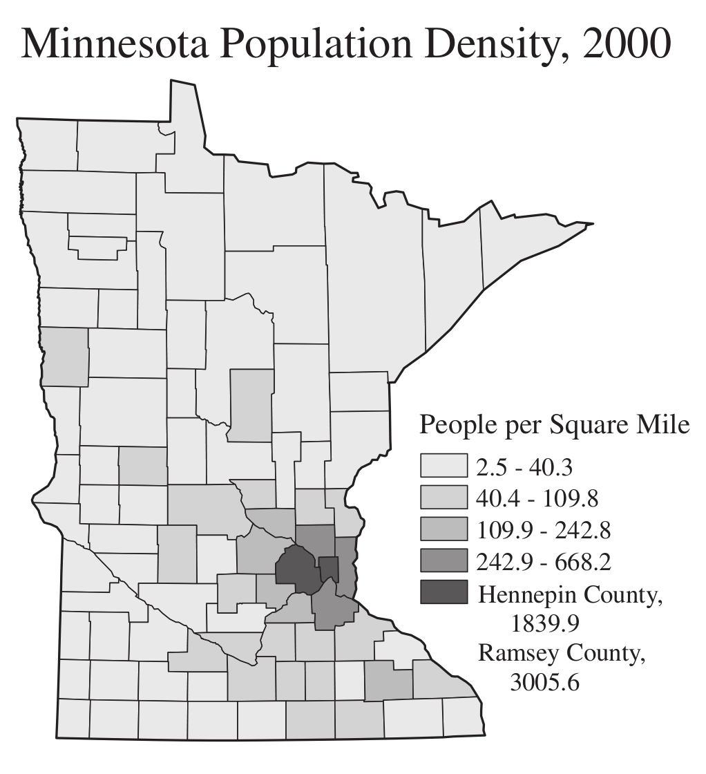 Mapa temático del número de habitantes por milla cuadrada (densidad poblaiconal) por condado del estado de Minnesota, EU (Dent et al. 2009)