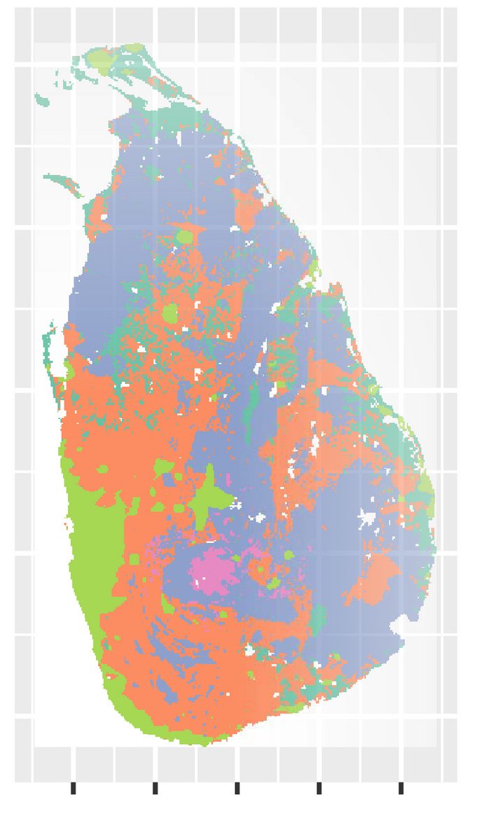 Ejemplo de un modelo de uso de suelo en seis categorías para la isla de Sri Lanka. Ubano en verde, Bosque degradado en naranja, Bosque conservado en morado, Cultivo de té en rosa, Agricultura en aqua, y Agua en blanco (Martin et al. 2021).