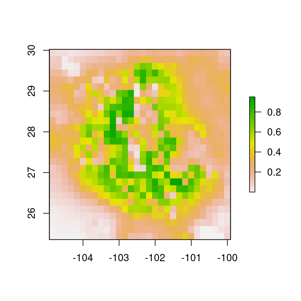 Distancia Mahalanobis transformada exponencialmente para simular presencias. Verde indica mayor probabilidad de ocurrencia.