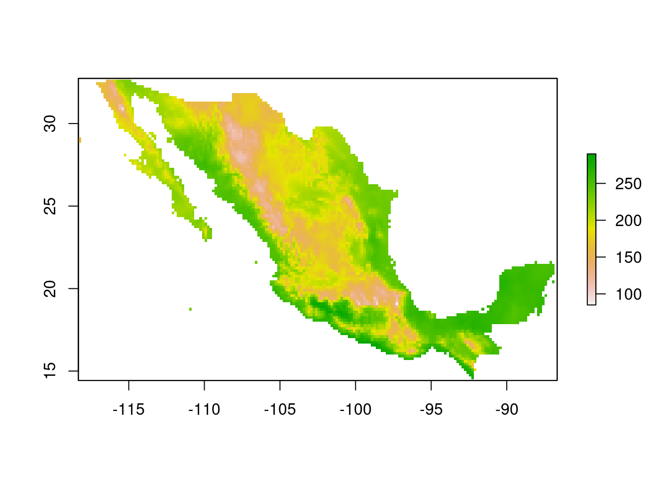 Temperatura anual promedio en una capa ráster de México.