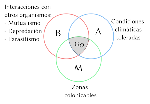 Diagrama BAM clásico muestra cómo la geografía ocupada (la distribución realizada de una especie) resulta de la intersección de los factores bióticos, abióticos y de movimiento.