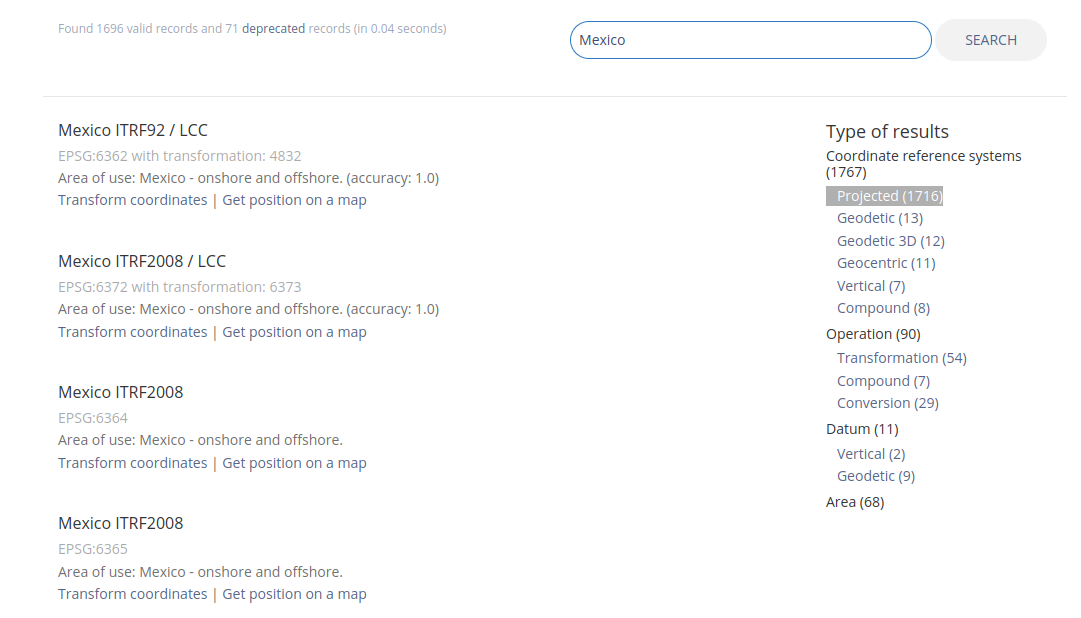 Página de la biblioteca de EPSG, con la búsqueda para México.