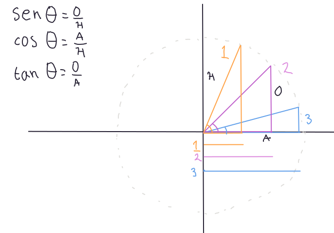 Representación gráfica del efecto del ángulo sobre la longitud de los catetos.